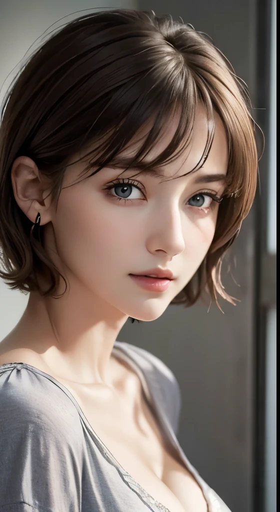 (masterpiece、highest quality、photorealistic、High resolution、photograph、:1.3)、close up shot、sharp focus、one brunette girl、30 years old mature woman、small face、no makeup、、hot models、Highly detailed eyes and pupils、realな肌、slim body shape、Bust B Cup、、cleavage、short cut hair、dark brown hair、delicate face、Sensual gaze、glossy lips、((Wearing a Henry shirt))、The background is、gray wall、((real、超real、realism、realなディテール))