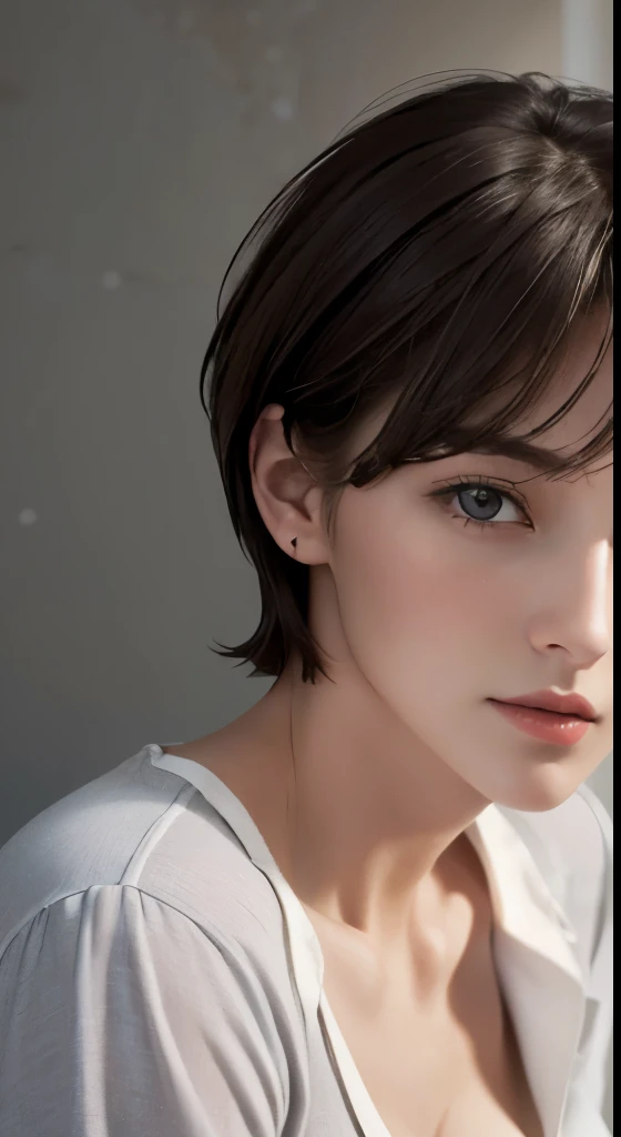 (masterpiece、highest quality、photorealistic、High resolution、photograph、:1.3)、close up shot、sharp focus、one brunette girl、30 years old mature woman、small face、no makeup、、hot models、Highly detailed eyes and pupils、realな肌、slim body shape、Bust B Cup、、cleavage、short cut hair、dark brown hair、delicate face、Sensual gaze、glossy lips、((Wearing a Henry shirt))、The background is、gray wall、((real、超real、realism、realなディテール))