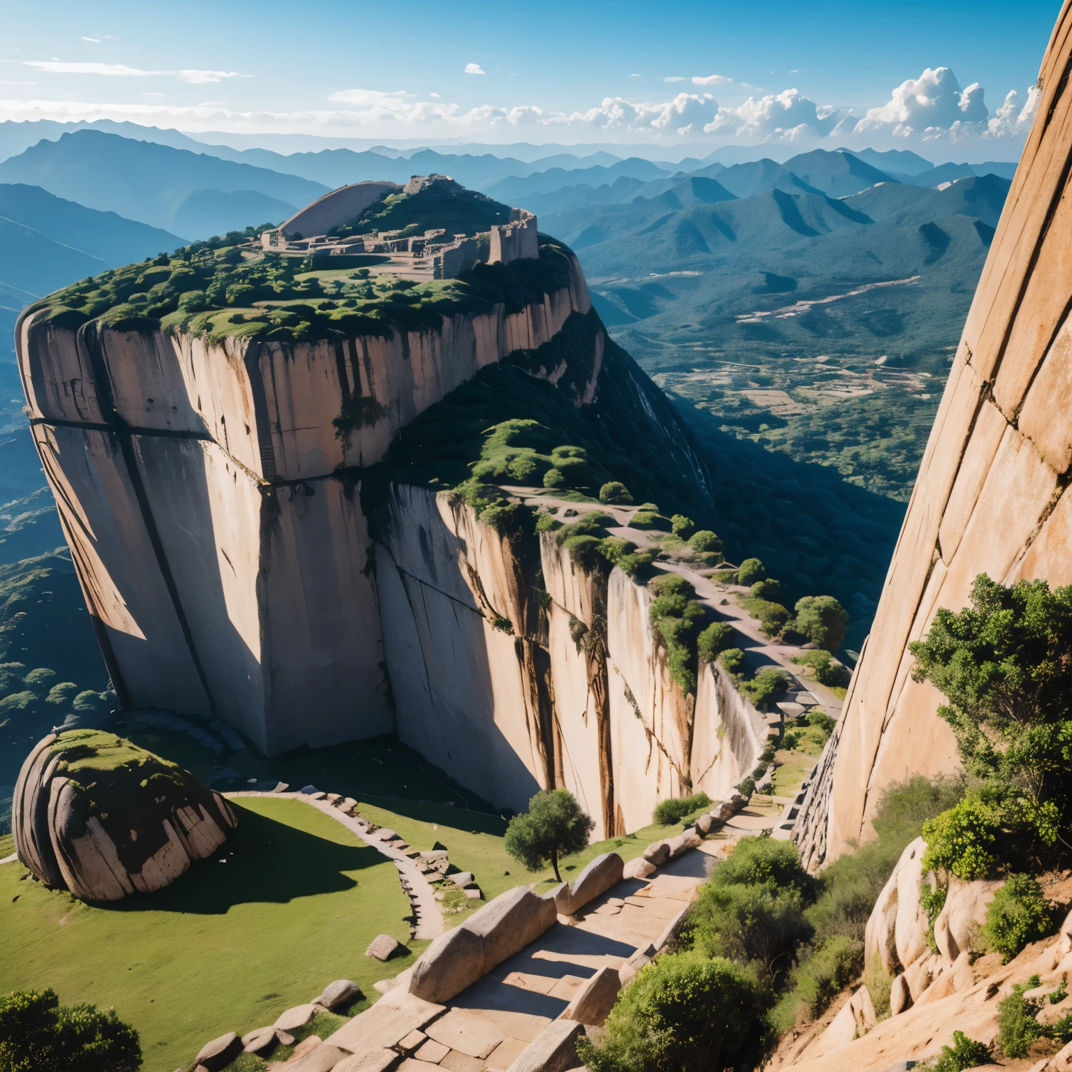 Grande muralha de pedra cinza com uma fortaleza de pedra