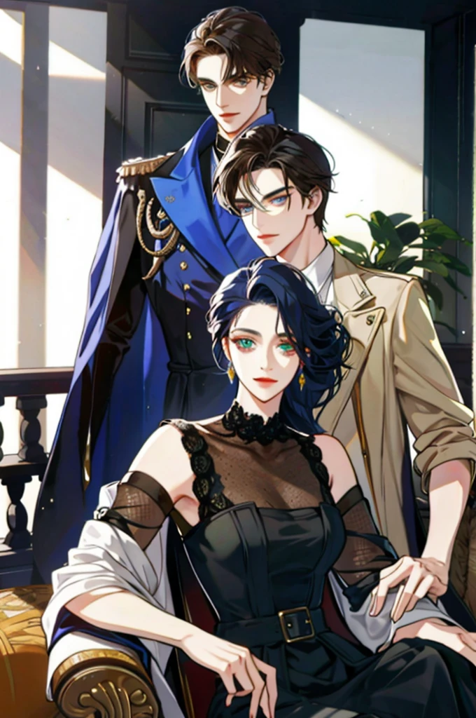 In the Victorian era, in his mansion. The duke is a mature man, 28 years old, with navy blue hair, golden eyes, tall with a symmetrical face and an expression of love for his wife. Sitting on the balcony of his room, he hugged his wife, the Duchess, a young woman with a medium face, greenish eyes, a bit of freckles, light brown hair, sitting on her husband, the Duke's lap.