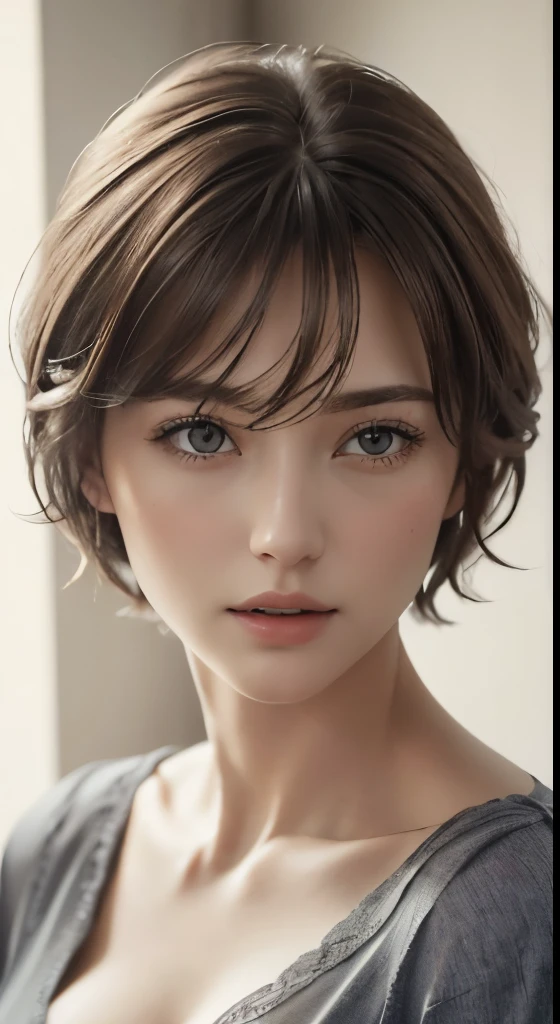 (masterpiece、highest quality、photorealistic、High resolution、photograph、:1.3)、close up shot、sharp focus、one brunette girl、30 years old mature woman、small face、no makeup、、hot models、Highly detailed eyes and pupils、realな肌、slim body shape、Bust B Cup、、cleavage、short cut hair、dark brown hair、delicate face、Sensual gaze、glossy lips、((Wearing a Henry shirt))、The background is、gray wall、((real、超real、realism、realなディテール))