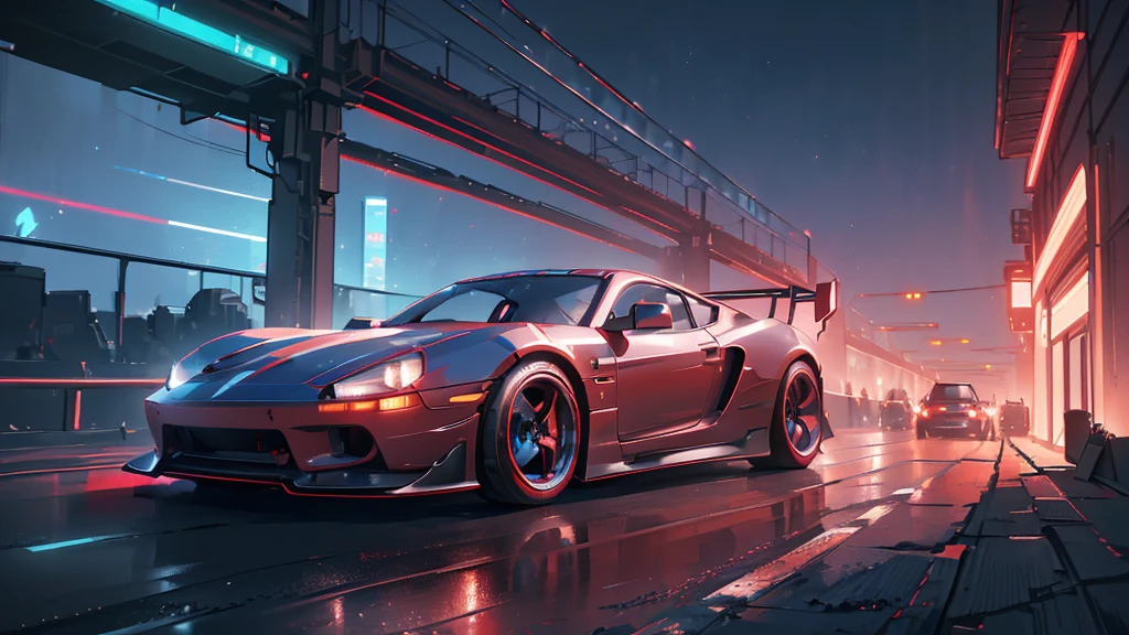 (red sports car, blue headlights, drift driving, car racing), (blue cyberpunk city, blue neon, the background is a cyberpunk-style night view of the city, cyberpunk vibe), (8k, extremaly detailed, lighting like a movie, lense flares)