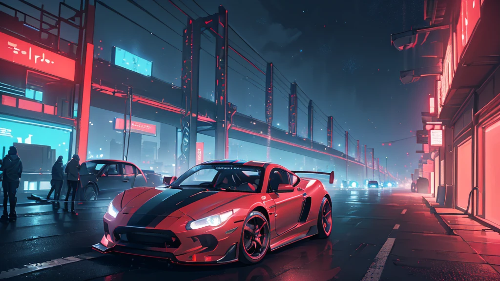 (red sports car, blue headlights, drift driving, car racing), (blue cyberpunk city, blue neon, the background is a cyberpunk-style night view of the city, cyberpunk vibe), (8k, extremaly detailed, lighting like a movie, lense flares)