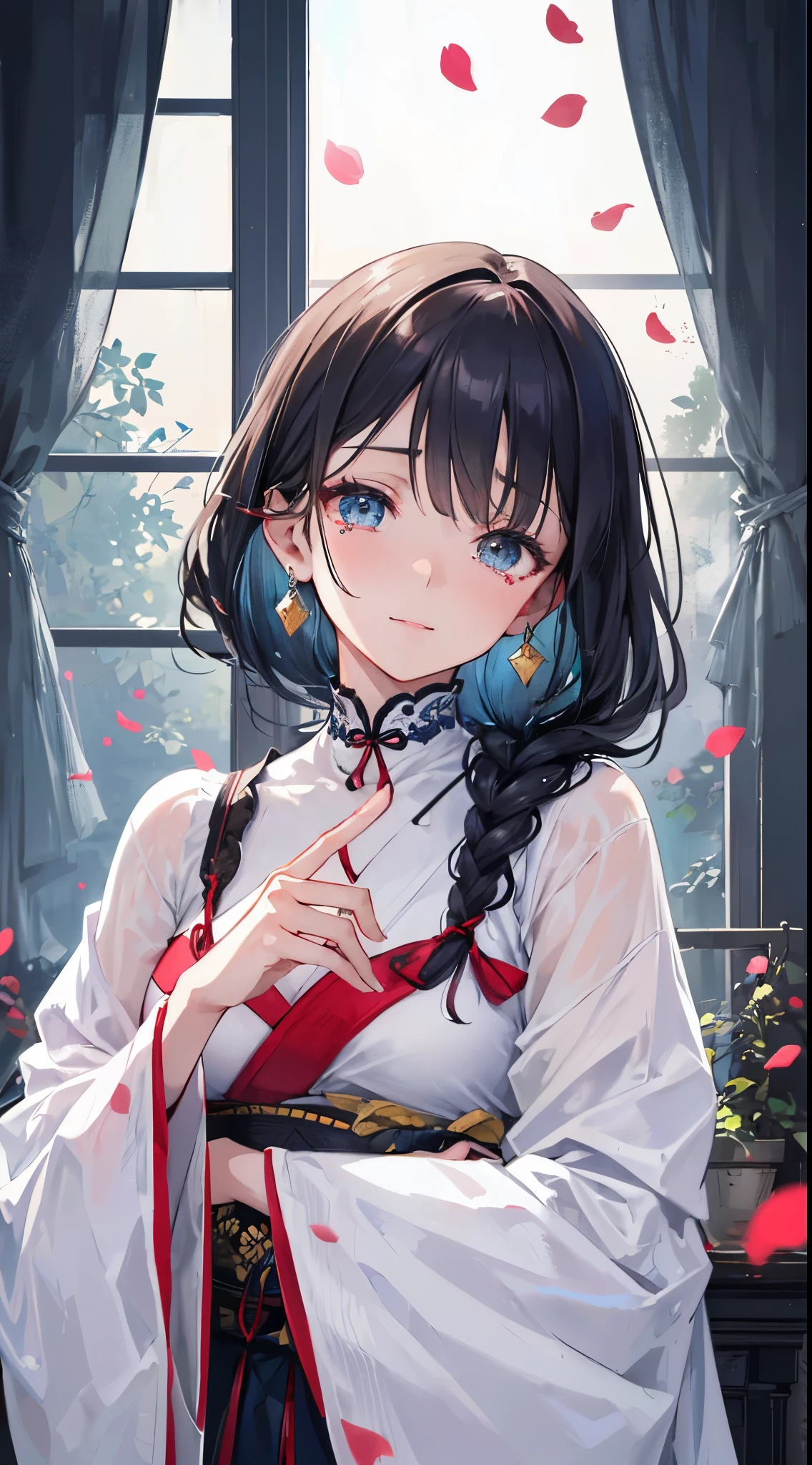 girl,Tears mole,pink nails,white skin,Ruby Earrings,peacefulness,Image of Japanese culture(naginata), with short black hair, white braids on both sides,teacher's girl,hairpin,Tips are highlighted in white, black eye,white giant eyes,With tears in my eyes,Layering, Conservative classical Japanese martial arts gi,A refreshing smile,tilt your head and laugh,beautiful skin on the neck, Scattered debris. Red silk that is gentle on the body,black and white hakama,ring pattern,Rin々new expression,petals fall,Creates mottled shadows, Her hair flutters in the breeze, A refreshing expression on her face(highest quality,4K,8K,High resolution,masterpiece:1.2), super detailed, (realistic,realistic,realistic:1.37), HDR, hyper hd, studio lighting, Ultra-fine painting, sharp focus, Physically based rendering, extreme details, temple background,
