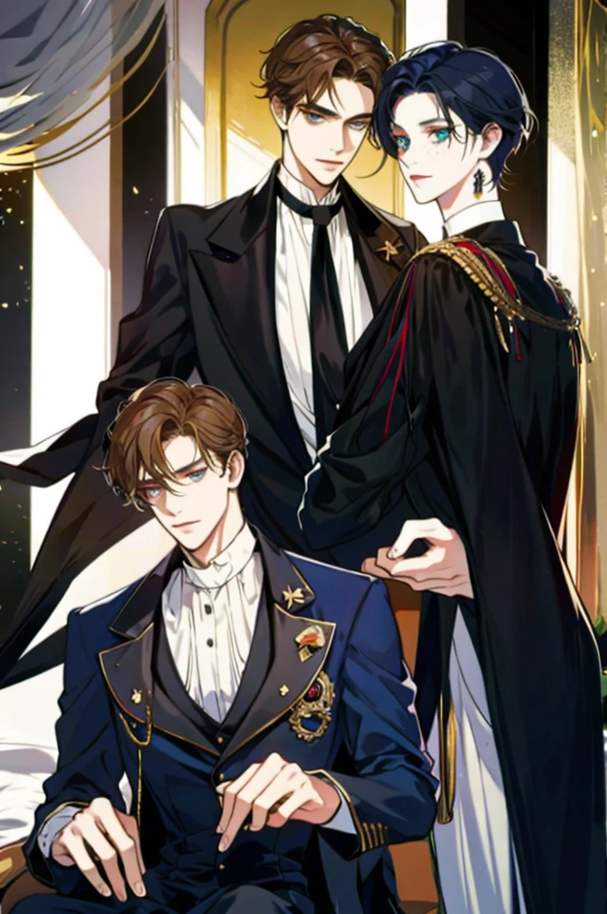 In the Victorian era, in his mansion. The duke is a mature man, 28 years old, with navy blue hair, golden eyes, tall with a symmetrical face and an expression of love for his wife. Sitting on the balcony of his room, he hugged his wife, the Duchess, a young woman with a medium face, greenish eyes, a bit of freckles, light brown hair, sitting on her husband, the Duke's lap.