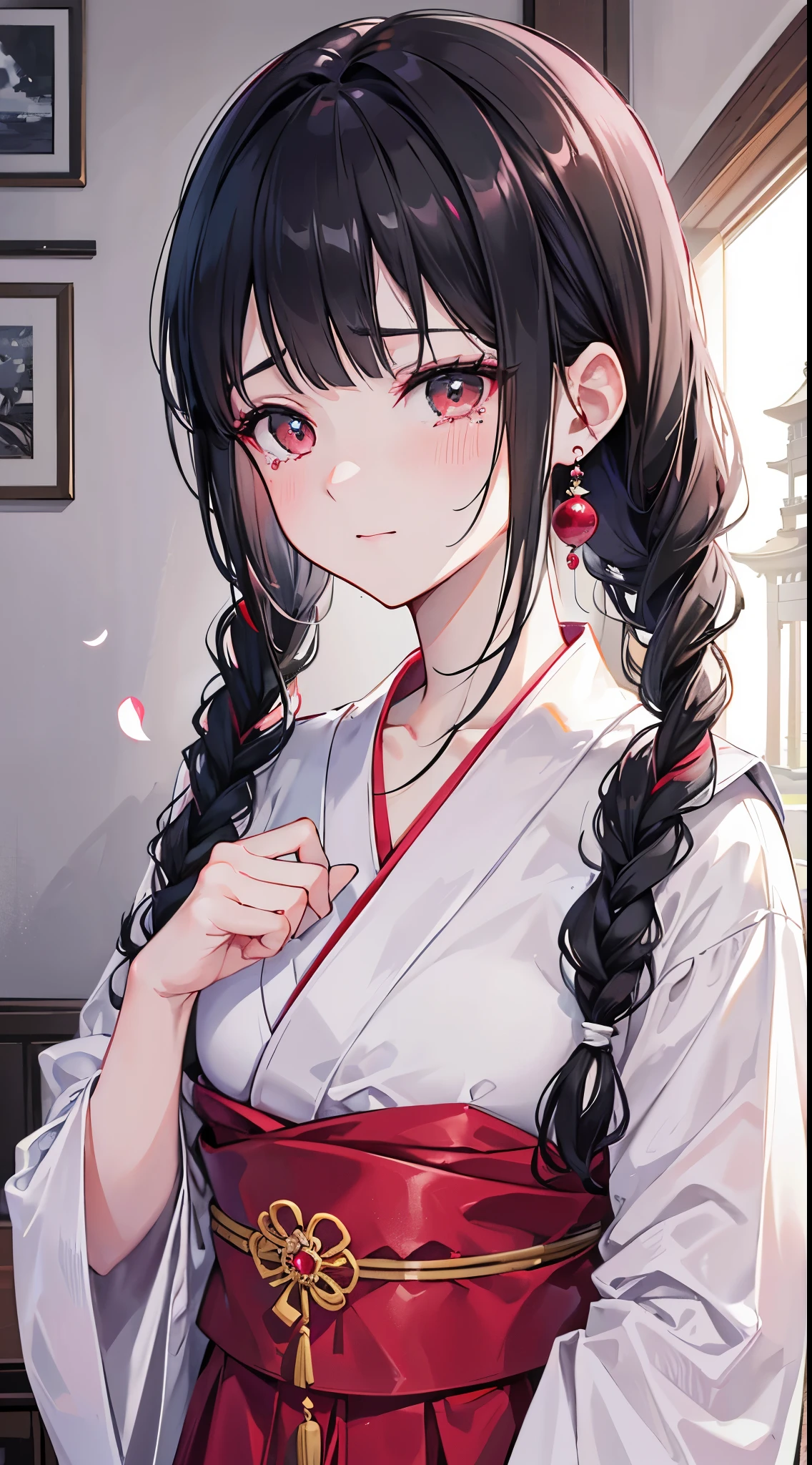 girl，Tears mole，pink nails，white skin，Ruby Earrings，peacefulness，Image of Japanese culture(naginata)， with short black hair, white braids on both sides,teacher&#39;s girl，hairpin，Tips are highlighted in white, black eye,white giant eyes，With tears in my eyes，Layering, Conservative classical Japanese martial arts gi，A refreshing smile，tilt your head and laugh，beautiful skin on the neck, Scattered debris. Red silk that is gentle on the body，black and white hakama，ring pattern，Rin々new expression，petals fall，Creates mottled shadows, Her hair flutters in the breeze, A refreshing expression on her face(highest quality,4K,8K,High resolution,masterpiece:1.2), super detailed, (realistic,realistic,realistic:1.37), HDR, hyper hd, studio lighting, Ultra-fine painting, sharp focus, Physically based rendering, extreme details, temple background,