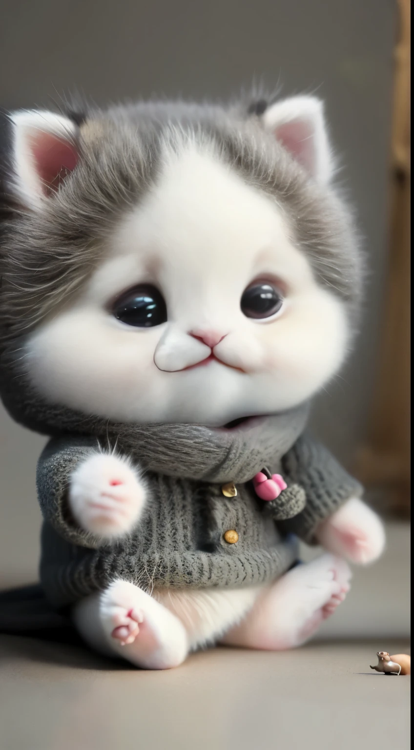 kitten in clothes, miniature kitten, Animal focus, bearded, realistic, POV Hand, ambiguous background,smile,interesting、