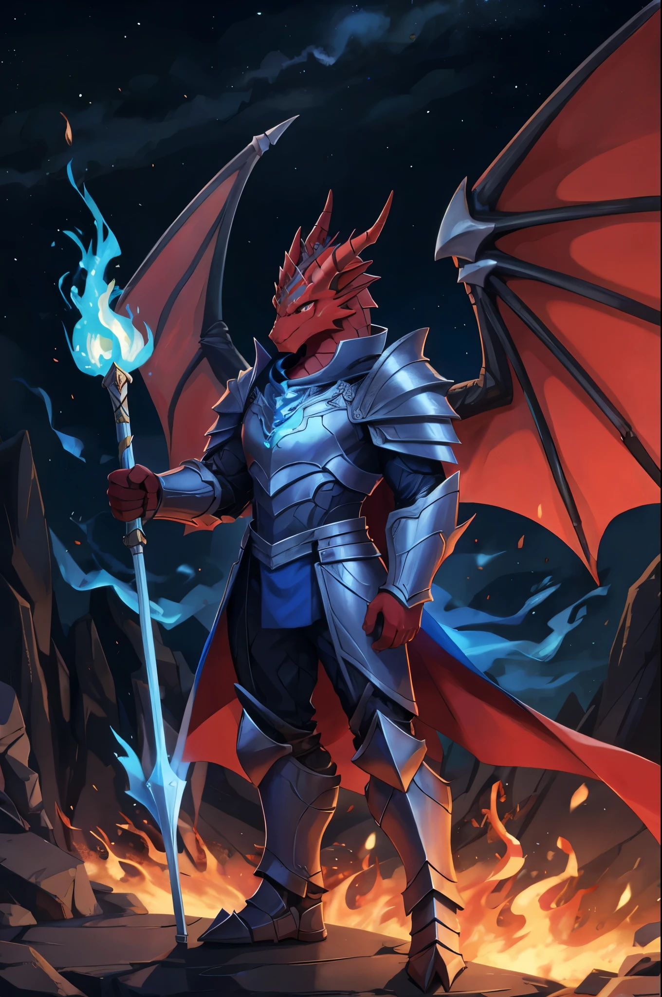 Red dragon ,surrounded by fire world , in a a suit of metal armour, holding flaming spear,wings made of pure blue fire,scale cape