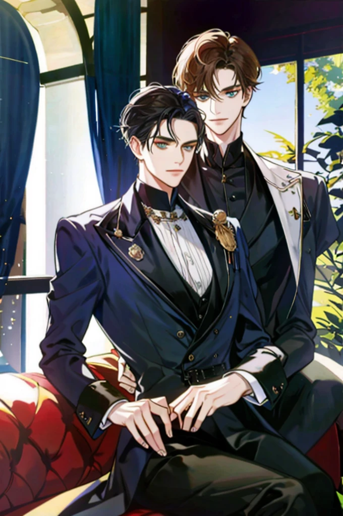 In the Victorian era, in his mansion. The duke is a mature man, 28 years old, with navy blue hair, golden eyes, tall with a symmetrical face and an expression of love for his wife. Sitting on the balcony of his room, he hugged his wife, the Duchess, a young woman with a medium face, greenish eyes, a bit of freckles, light brown hair, sitting on her husband, the Duke's lap.
