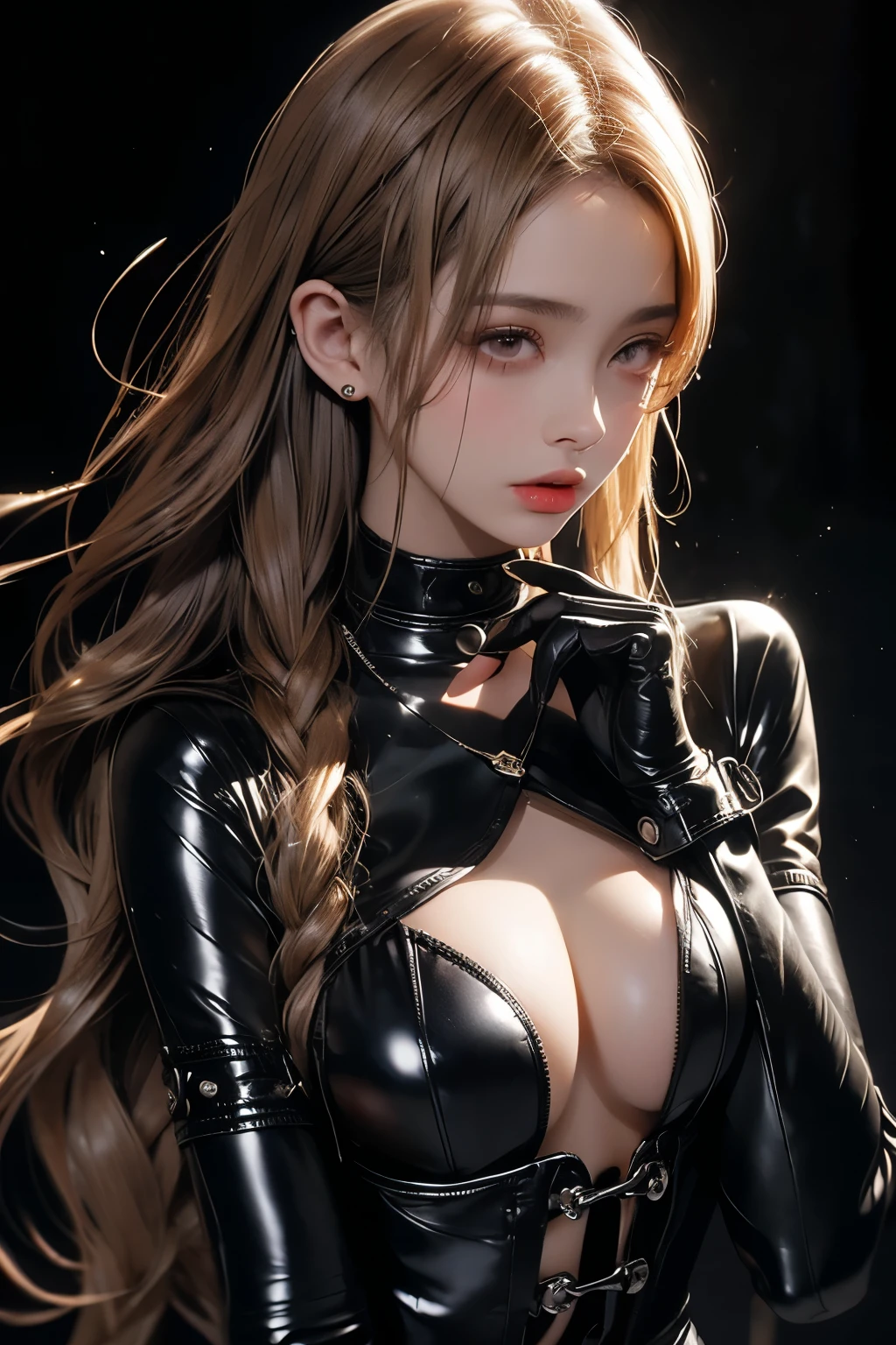(seductive,slut,horny,addicted, enjoy, pornographic, pleading, expressioness), frowned, Eyes slightly open, highly detailed facial and skin textures, delicated face, Detailed eyes, 二重まぶた, The eyelids are slender, Small nose, Small mouth, Thin lips, long whitr hair, Willow eyebrows, BDSM, Slave character, Wrap latex clothing, black corset, shackle, collars, ((best qualtiy, tmasterpiece:1.3))), Clear focus:1.2, (layer cut, The large:1.2), (huge tit:1), Beauty with a perfect body: 1.4, Slender abs:1.2, Moist body:1.5, Full body photo, Delicate light and shadow expression, torogao, naughty face, chiaroscuro, 8k, textured skin, super detail