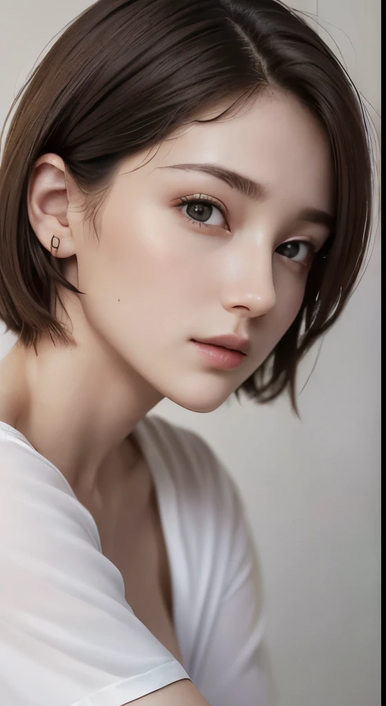 (masterpiece、highest quality、photorealistic、High resolution、photograph、:1.3)、close up shot、sharp focus、one brunette girl、30 years old mature woman、small face、no makeup、、hot models、Highly detailed eyes and pupils、realな肌、slim body shape、Bust B Cup、、cleavage、short cut hair、dark brown hair、delicate face、Sensual gaze、glossy lips、((Wearing a Henry shirt))、The background is、gray wall、((real、超real、realism、realなディテール))
