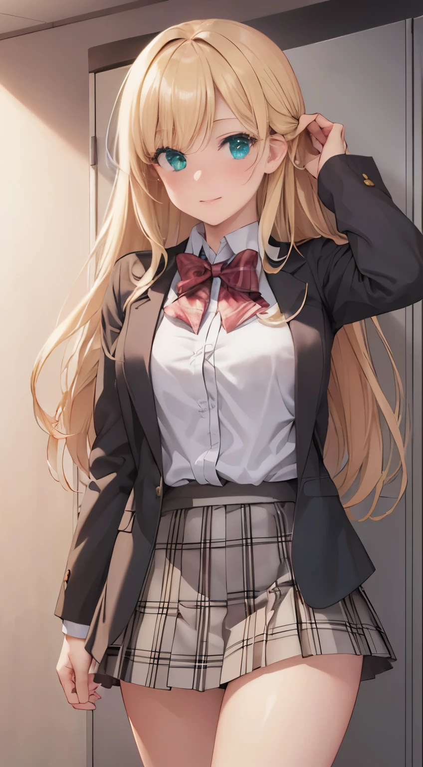 ((masterpiece, highest quality, High resolution, UHD, perfect pixel, Depth of bounds written, 4K, rtx, HDR))), 1 girl, single, alone, full body image、beautiful anime girl, beautiful art style, anime character, ((long hair, parted bangs, blonde hair)), (green eyes:1.4, round eyes, beautiful eyelashes, realistic eyes), (detailed face, blush:1.2), (smooth texture:0.75, realistic texture:0.65, realistic:1.1, Anime CG style), medium breasts, dynamic angle, perfect body, (red bow tie, school uniform, black jacket, open jacket, Brown cardigan, white shirt), ((black skirt:1.5, plaid skirt)), smile, (Raise your skirt to reveal purple detailed panties、purple panties:1.8), locker room、