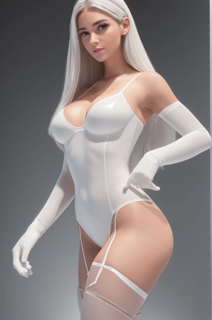 (best quality,8k:1.2,high resolution:1.2),ultra-detalhado,Realistic,retro science female,static pose,long hair,rosto extremamente detalhados,long eyelashes,all sheer light white Collant de nylon Apertado,pantyhose, white gloves,white Glossy metalic accessories,Physically-based rendering,foco nítido,studio lighting