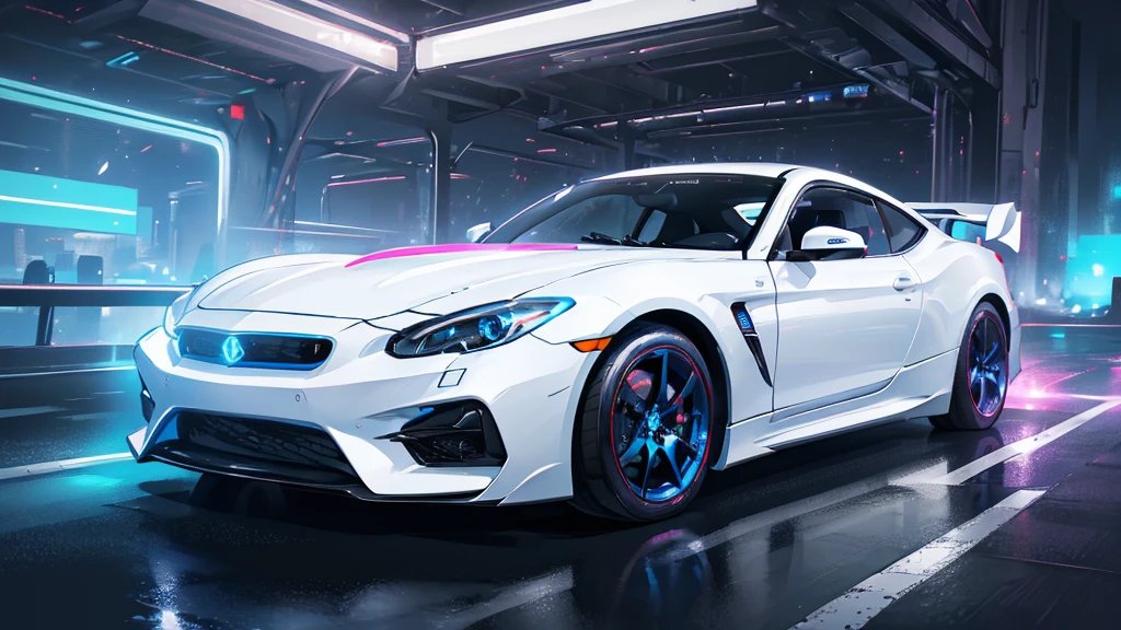 (white sports car, blue headlights), (highway, colorful neon), (8k, extremaly detailed, lighting like a movie, lense flares)