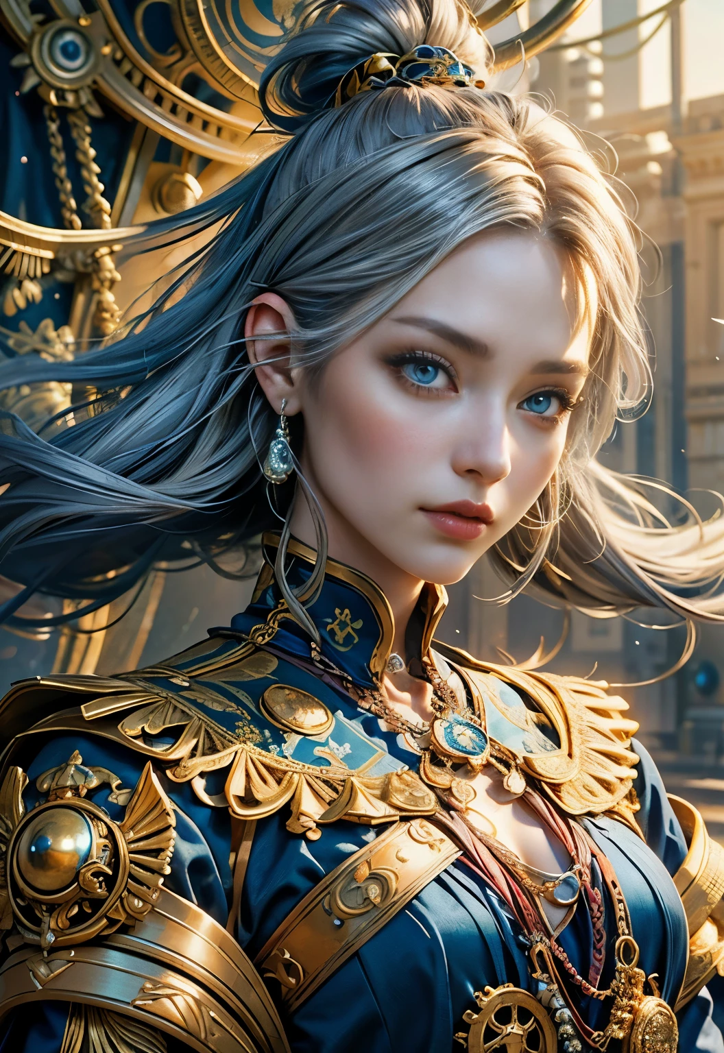(highest qualityの, highest quality, beautiful and aesthetic:1.2), (1 female), pirate,composition of golden ratio,very detailed,(fractal art:1.3),dynamic line of sight,toned body,colorful,best details, 女性pirate,has silver hair and blue eyes, golden color background, She wears a luxurious dress,