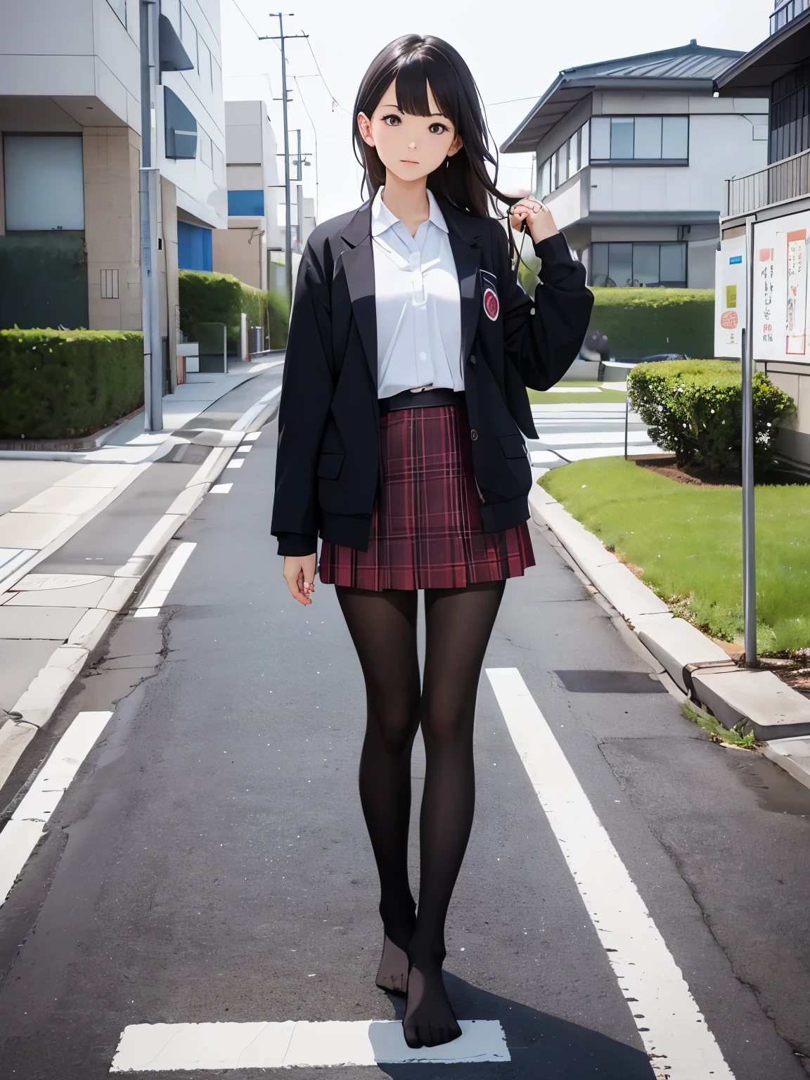 show entire body, feet in view, female Japanese student, plaid skirt, polo shirt, school jacket, pantyhose, no shoes outside