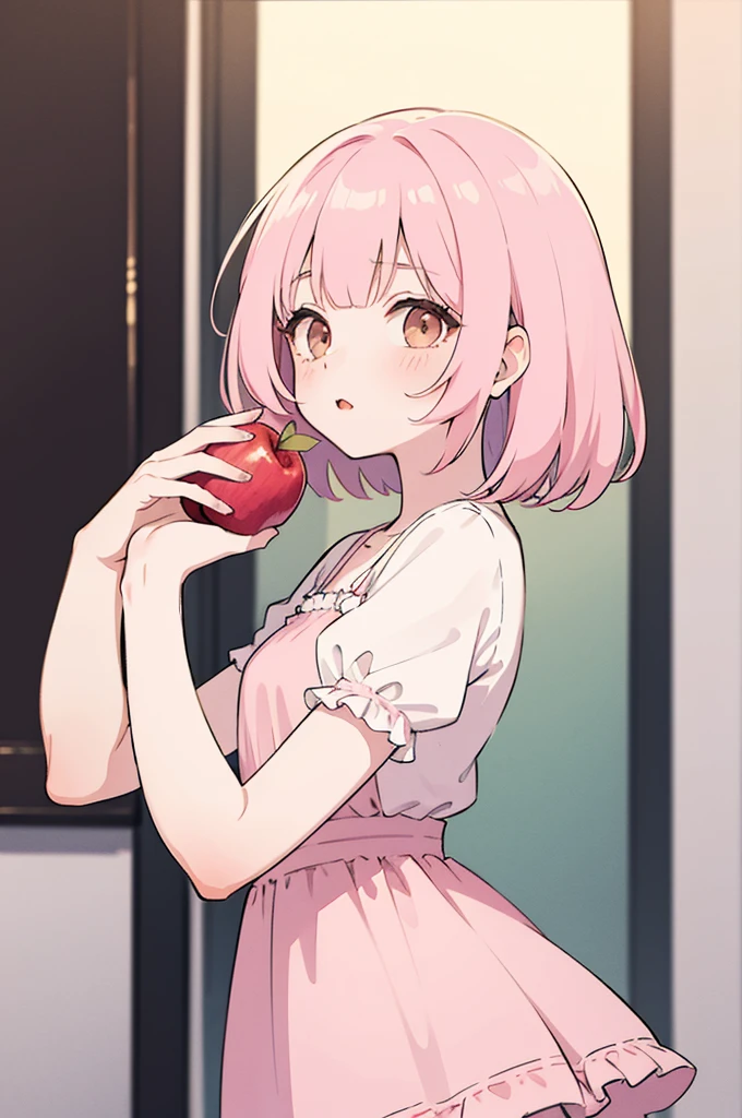 Cute girl, pink hair, brown eyes, soft pink dress, with an apple, Coquette style 