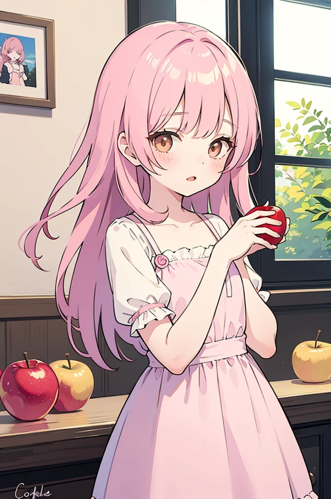 Cute girl, pink hair, brown eyes, soft pink dress, with an apple, Coquette style