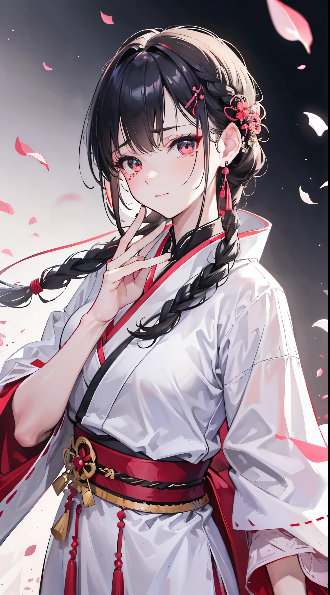 girl，Tears mole，pink nails，white skin，Ruby Earrings，peacefulness，Image of Japanese culture(naginata)， with short black hair, white braids on both sides,teacher&#39;s girl，hairpin，Tips are highlighted in white, black eye,white giant eyes，With tears in my eyes，Layering, Conservative classical Japanese martial arts gi，A refreshing smile，tilt your head and laugh，beautiful skin on the neck, Scattered debris. Red silk that is gentle on the body，black and white hakama，ring pattern，Rin々new expression，petals fall，Creates mottled shadows, Her hair flutters in the breeze, A refreshing expression on her face(highest quality,4K,8K,High resolution,masterpiece:1.2), super detailed, (realistic,realistic,realistic:1.37), HDR, hyper hd, studio lighting, Ultra-fine painting, sharp focus, Physically based rendering, extreme details, temple background,