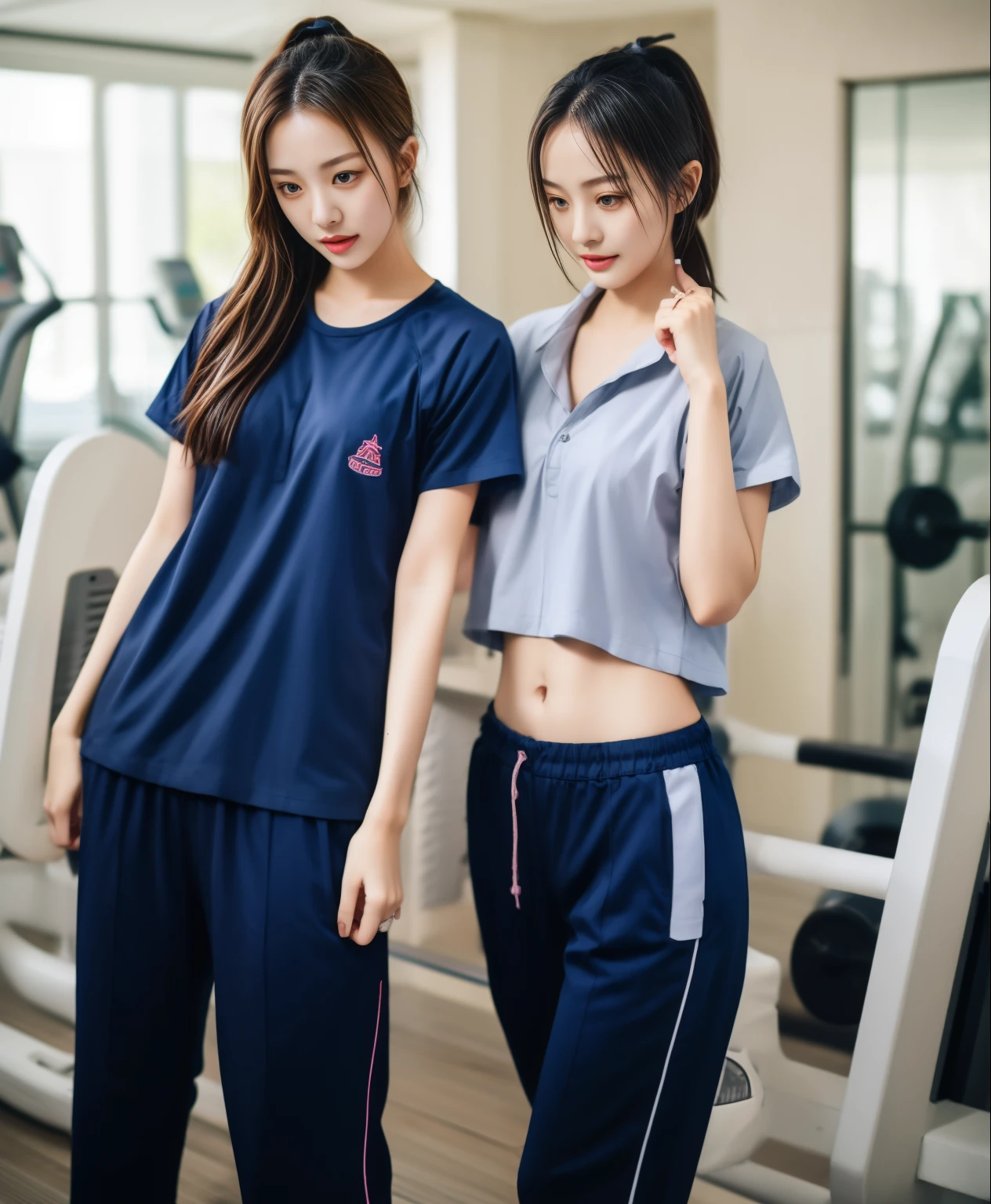 2 girls in fitness center, Navy blue short-sleeved shirt,Navy Long Trackpant,Sweatpants, Sweatpantsขายาว,25 year old girl, lesbian, sexy, exercise clothes, wet body, exercise clothes