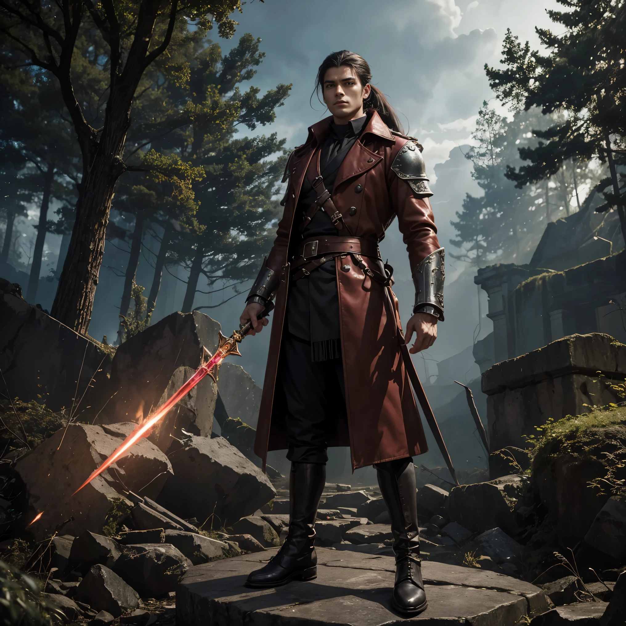 Generate an image using AI with the following detailed description in English: a young man, 25 years old, stands tall with a robust physique, broad shoulders, and pale skin. His narrow brown eyes reflect determination, while long, straight black hair is pulled back into a ponytail, featuring a distinctive single mecha of gray hair, adding a touch of maturity. Notable features include a square chin, a long nose, and thick eyebrows.
The protagonist is dressed in a dense red leather coat with intricate military insignias, covering a pink button-up shirt. He wears black military boots and white tailored pants, creating a medieval fantasy aesthetic. The coat has a regal appearance with golden embellishments, and a red tie adds a sophisticated touch. In this updated description, he stands with arms crossed, conveying a confident and assertive demeanor, atop a stone structure.
The scene shifts to a desolate forest, once enchanted but now reduced to ruins by the passage of time and dark magic. The air is cold, and remnants of a mystical cataclysm linger in the atmosphere. Ancient, towering trees stand as decaying sentinels, and the ruins of medieval structures blend with the natural landscape, creating an eerie yet captivating ambiance.
The protagonist, now standing on a stone, emanates a magical aura with a vibrant ruby hue. The magical daggers are absent from his hands, and a sense of inner power and control is reflected in his posture. His ponytailed hair flows gently in the mystical breeze, and the red glow of magical energy surrounds him, adding an ethereal and enchanting element to the fantasy scene.