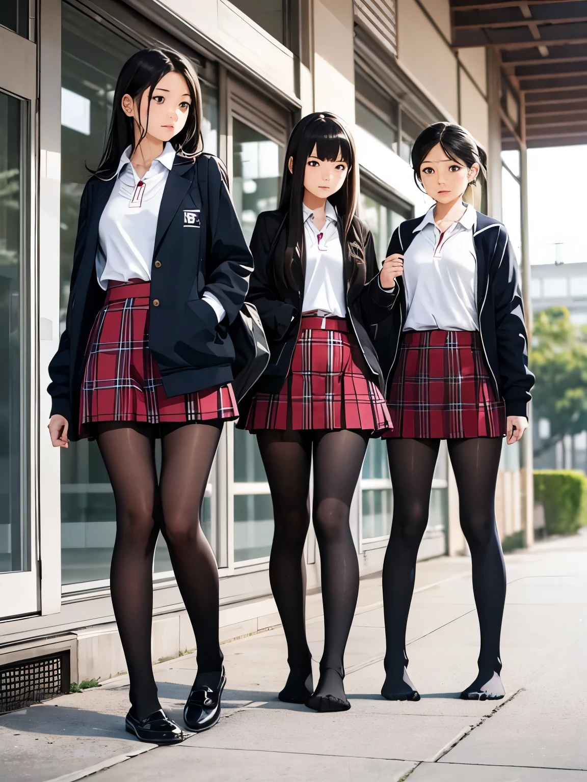 show entire body, feet in view, 3 female Japanese students, plaid skirts, polo shirts, school jackets, pantyhose, no shoes outside