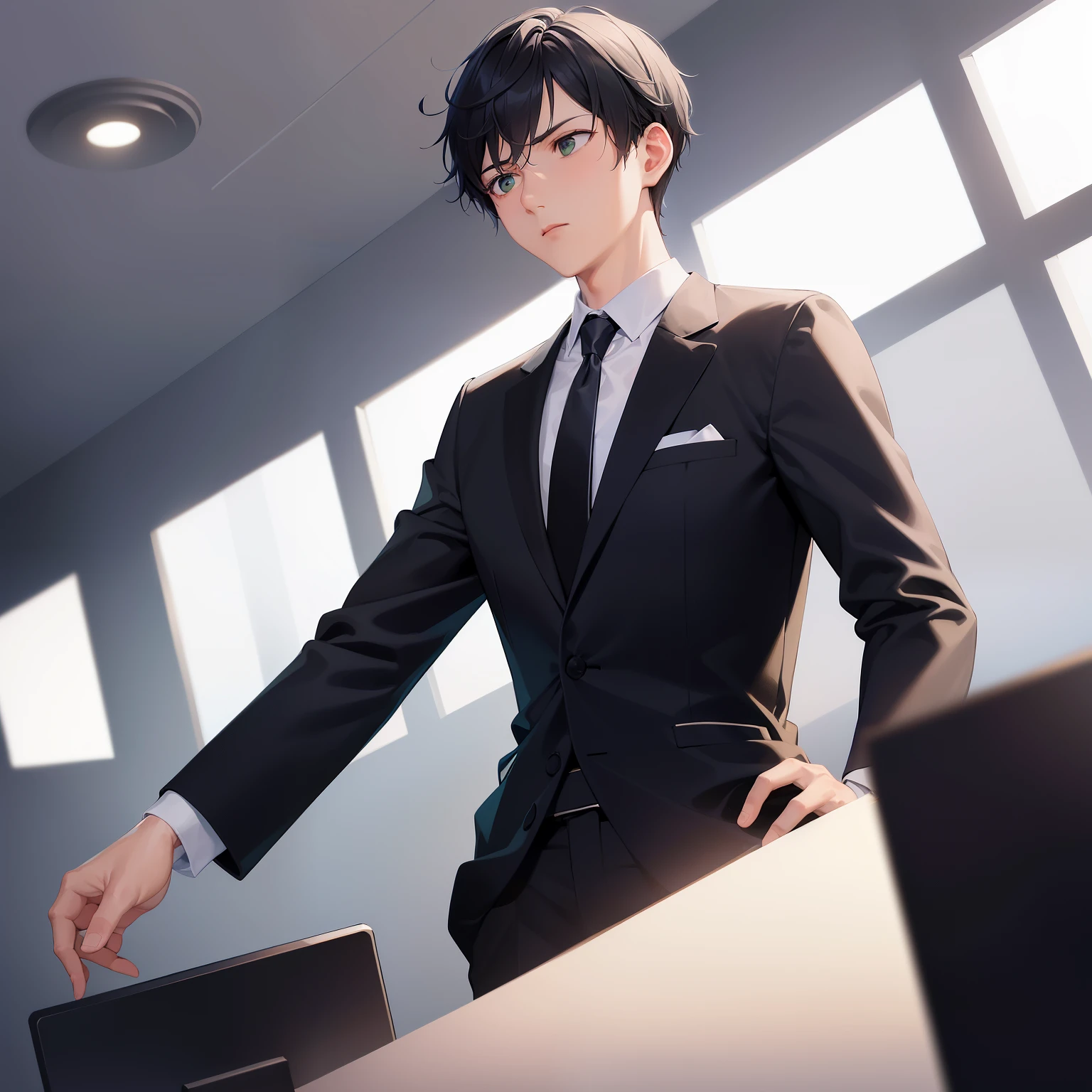 dutch angle, (looking away:1.5), masterpiece、high quality、25-year-old man with short black hair and green eyes、wearing a suit、wearing a white shirt、Wearing a tie、(Alone:1.5)、(Expressionless:1.1)、The background is an office、computer