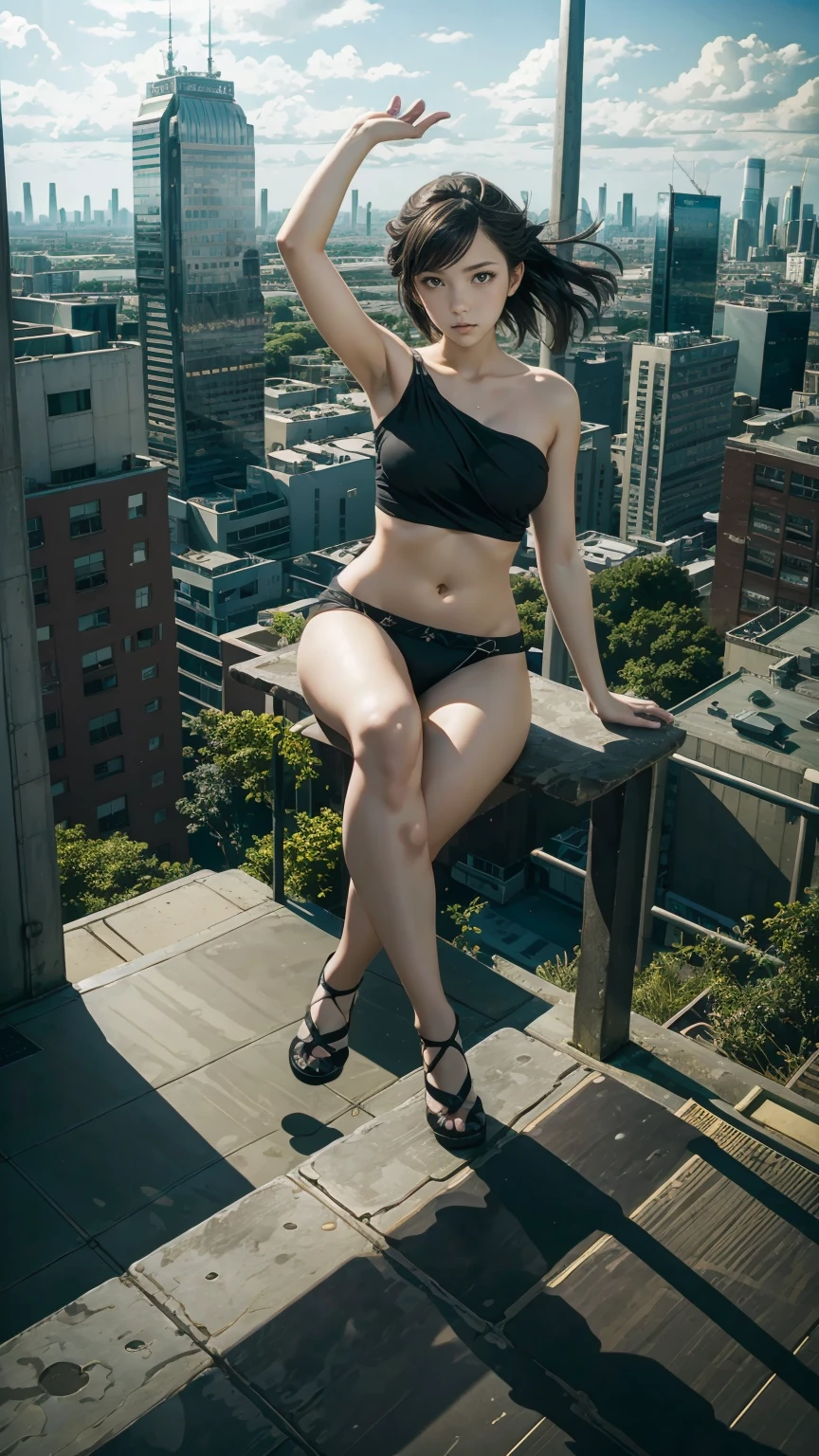 Girl in black top sitting on the edge of a skyscraper, by Studio Ghibli, city scenery, Detail view, official art, In the style of Kawasy, graceful movements, Symphony of the Night, Xu, hd wallpaper