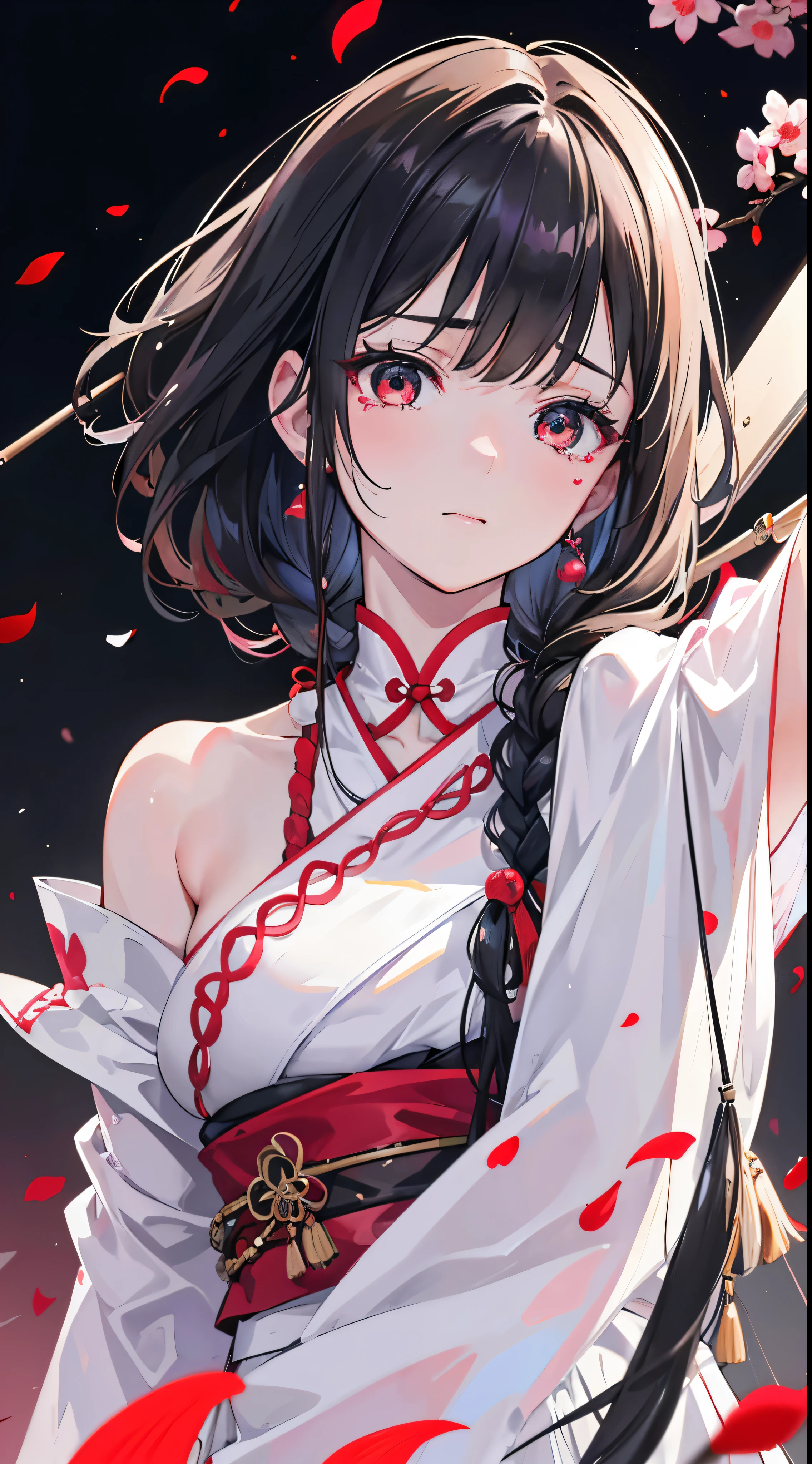 girl,Tears mole,pink nails,white skin,ruby earrings,calmness,Image of Japanese culture(naginata), with short black hair, white braids on both sides,teacher's girl,hairpin,Tips are highlighted in white, black eye,white giant eyes,With tears in my eyes,Layering, Conservative Japanese classical martial arts uniform,refreshing smile,tilt your head and laugh,beautiful skin on the neck, Scattered debris. Body-friendly red silk,black and white hakama,ring pattern,Also々new expression,petals fall,Creates mottled shadows, Her hair flutters in the breeze, Refreshing look(highest quality,4K,8K,High resolution,masterpiece:1.2), Super detailed, (realistic,realistic,realistic:1.37), HDR, hyper hd, studio lighting, Ultra-fine painting, sharp focus, Physically based rendering, extreme details, temple background,