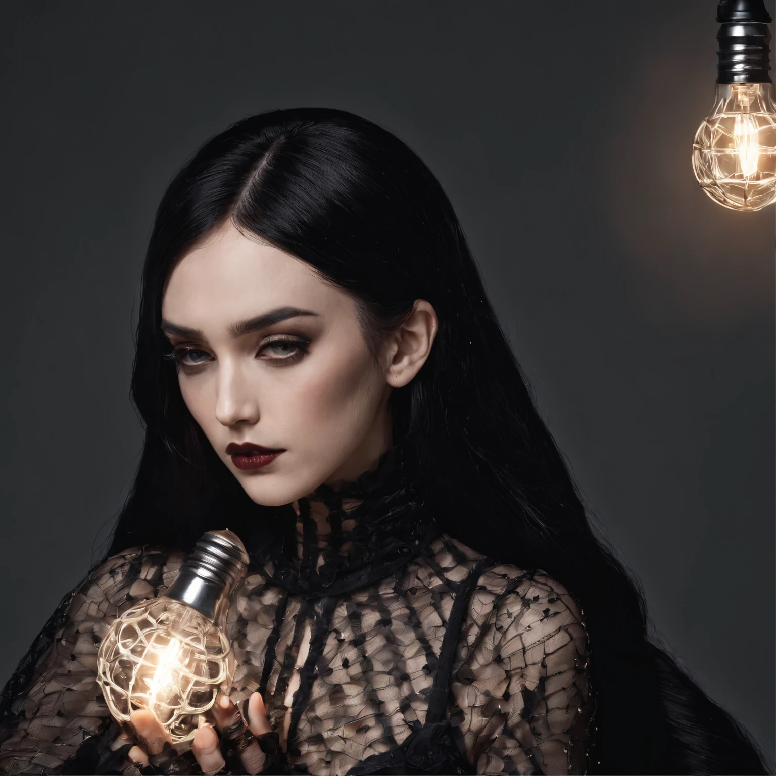 Old grandfather wearing gothic net symbol clothing and (body light bulb) black hair color hair，long hair