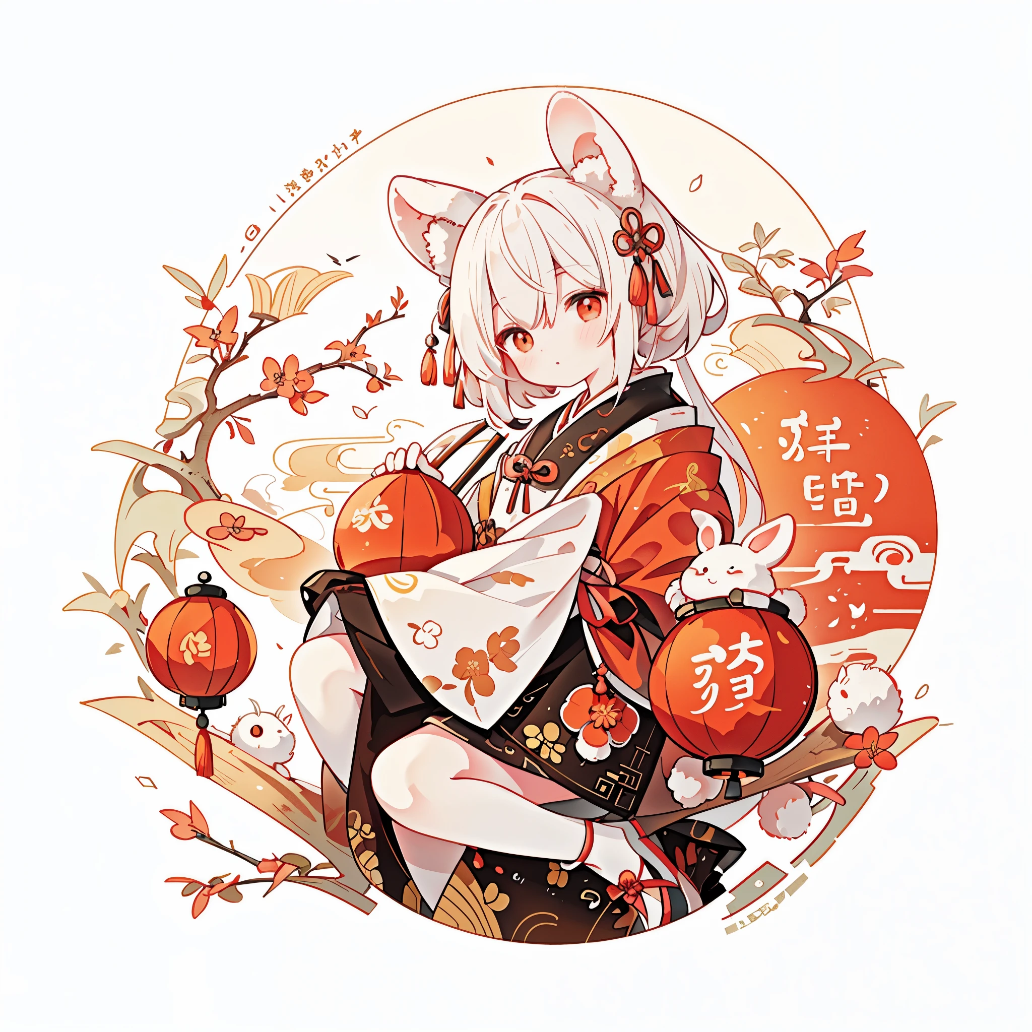 （Rabbit：1.4）, sat on the ground, look up, Mid-Autumn Festival atmosphere, （Chinese Chinese Characters：1.3），Traditional Chinese illustration style, digital art, simple background, Masterpiece isolated on white background, 最high quality, super detailed, high quality, 4K