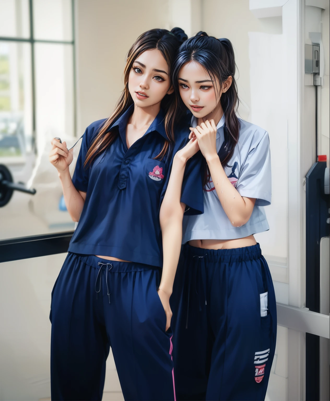 2 girls in fitness center, Navy blue short-sleeved shirt,Navy Long Trackpant,Sweatpants, Sweatpantsขายาว,25 year old girl, lesbian, sexy, exercise clothes, wet body, exercise clothes