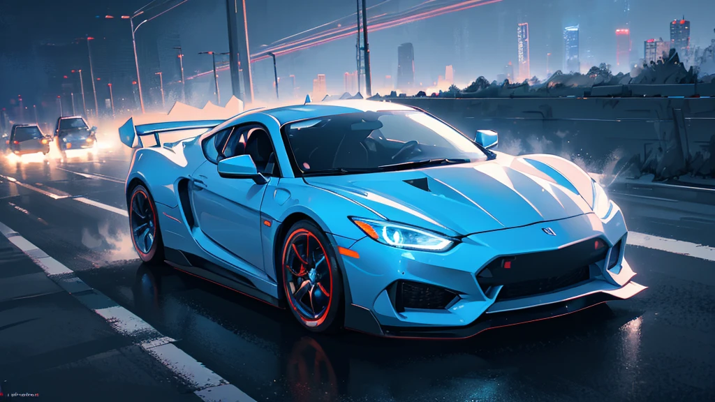(white sports car, blue headlights, running at high speed), (highway, colorful neon), (8k, extremaly detailed, lighting like a movie, lense flares)