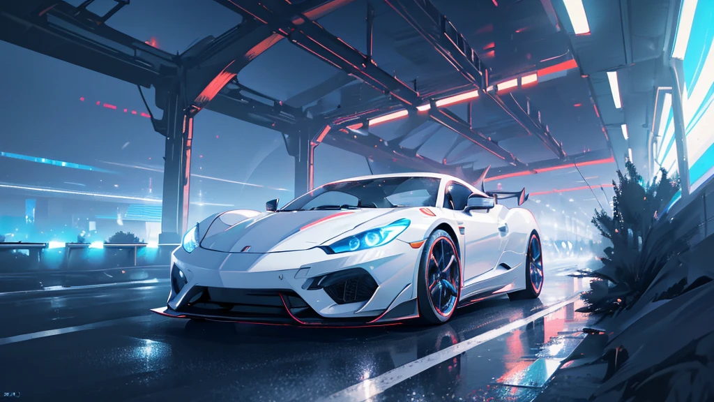 (white sports car, blue headlights, running at high speed), (highway, colorful neon), (8k, extremaly detailed, lighting like a movie, lense flares)