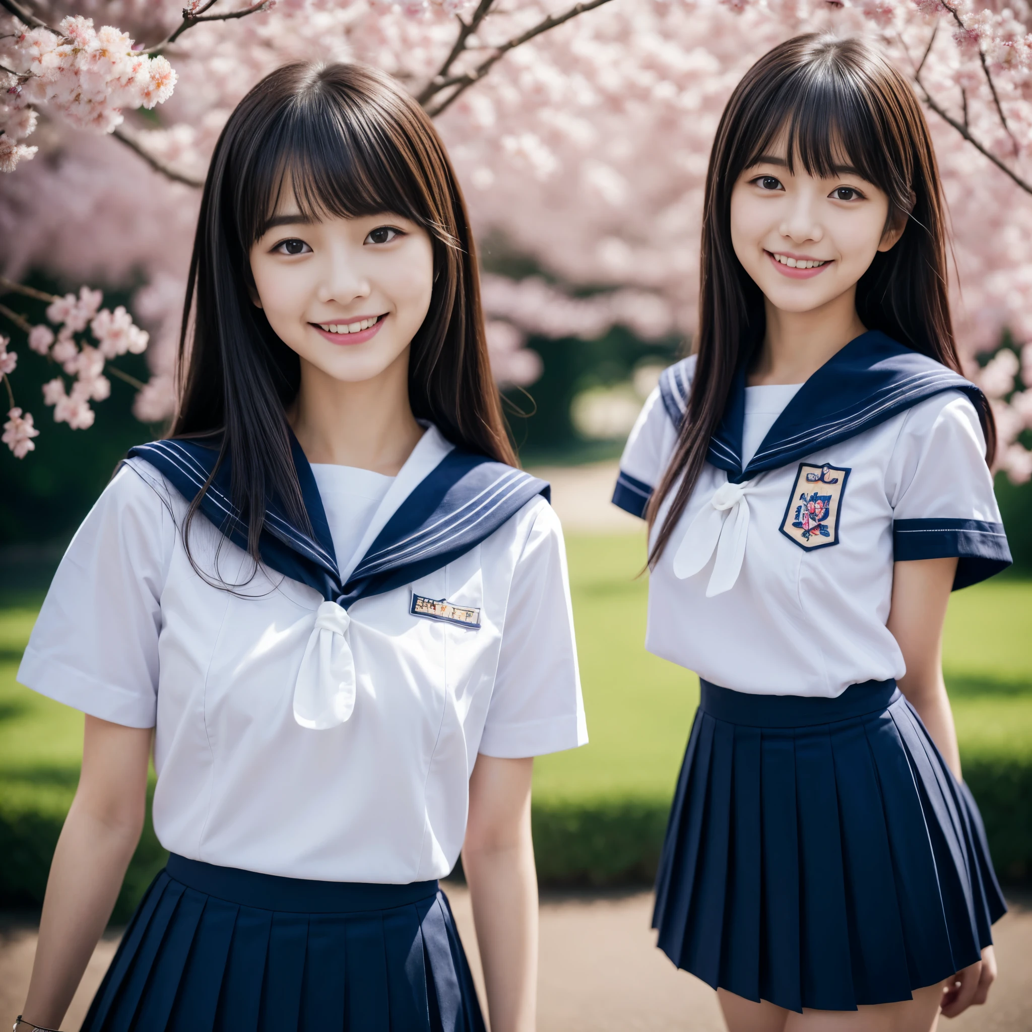 Close up of woman posing for photo,  The most beautiful Japanese model, 18-year-old female model,  4K、bangs、A dark-haired, long bob hair, Middle hair, Straight hair、(white  shirt, Sailor School Uniform, Dark blue pleated skirt:1.2),　(Super cute face in idol style:1.4), upper body, slim and beautiful figure, sexy, beautiful breast, A smile, The background is a row of cherry blossom trees, (RAW photo, best quality, masterpiece, ultra detailed, ultra high res, realistic), 