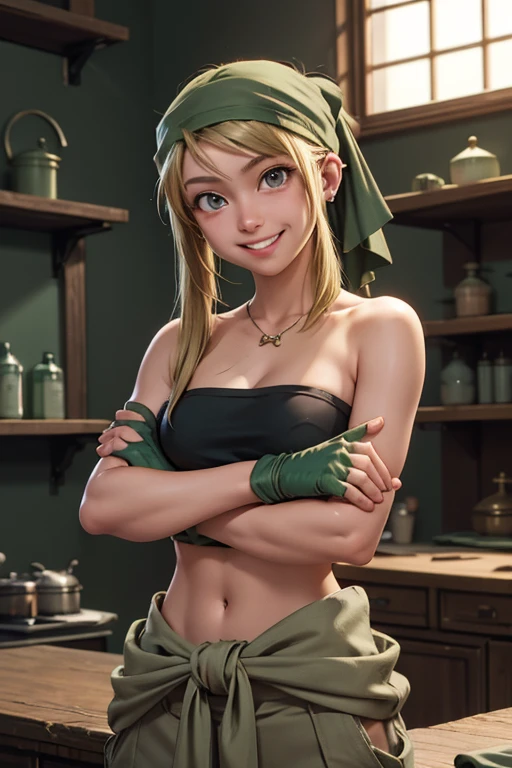 masterpiece, best quality, winry rockbell, earrings, green bandana, black tube top, strapless, midriff, clothes around waist, beige pants, brown gloves, upper body, smile, workshop, grin, looking at viewer, crossed arms, flashing breasts