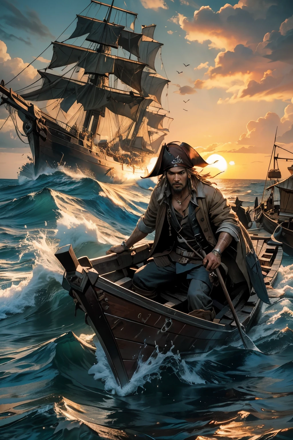 (High Definition, 1080p), Pirate's Island, Intense Battle Scene at the Island, Documentary Style, Realistic and Authentic, A Large Number of Pirates Visible, Vibrant and Colorful Scene, Detailed Description of the Pirates, Their Rough Skin Texture, Dirty Clothes, intricate Facial Features, Scarred Faces, Gripping Props, Sweat-drenched Bodies, Wooden Ships, Crashing Waves, Rustic Setting, Sun-kissed Sea, Roaring Fire, Smoke-filled Environment, Animated and Dramatic, Ultra-detailed Scene.