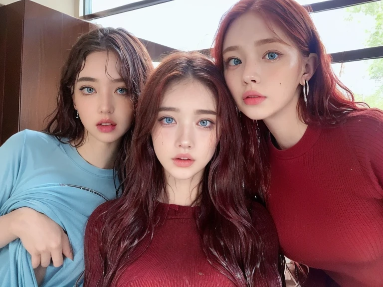 4 miniature Beautiful handsome woman, ((top quality, 8k, masterpiece:1.retty woman, 1woman, huge breasts:1.3, slender figure:1.1, elastic red long hair, (shower, wet body, wet clothes:1.1), very detailed face, detailed lips, detailed eyes, double eyelids, detailed blue eyes, extremely detailed outstanding blue eyes, red wet hair, red wet hair, detailed outstanding BLUE EYES, innocent stare at the viewer, extremely wet wavy red hair, detailed outstanding BLUE EYES, raining outside, huge earrings