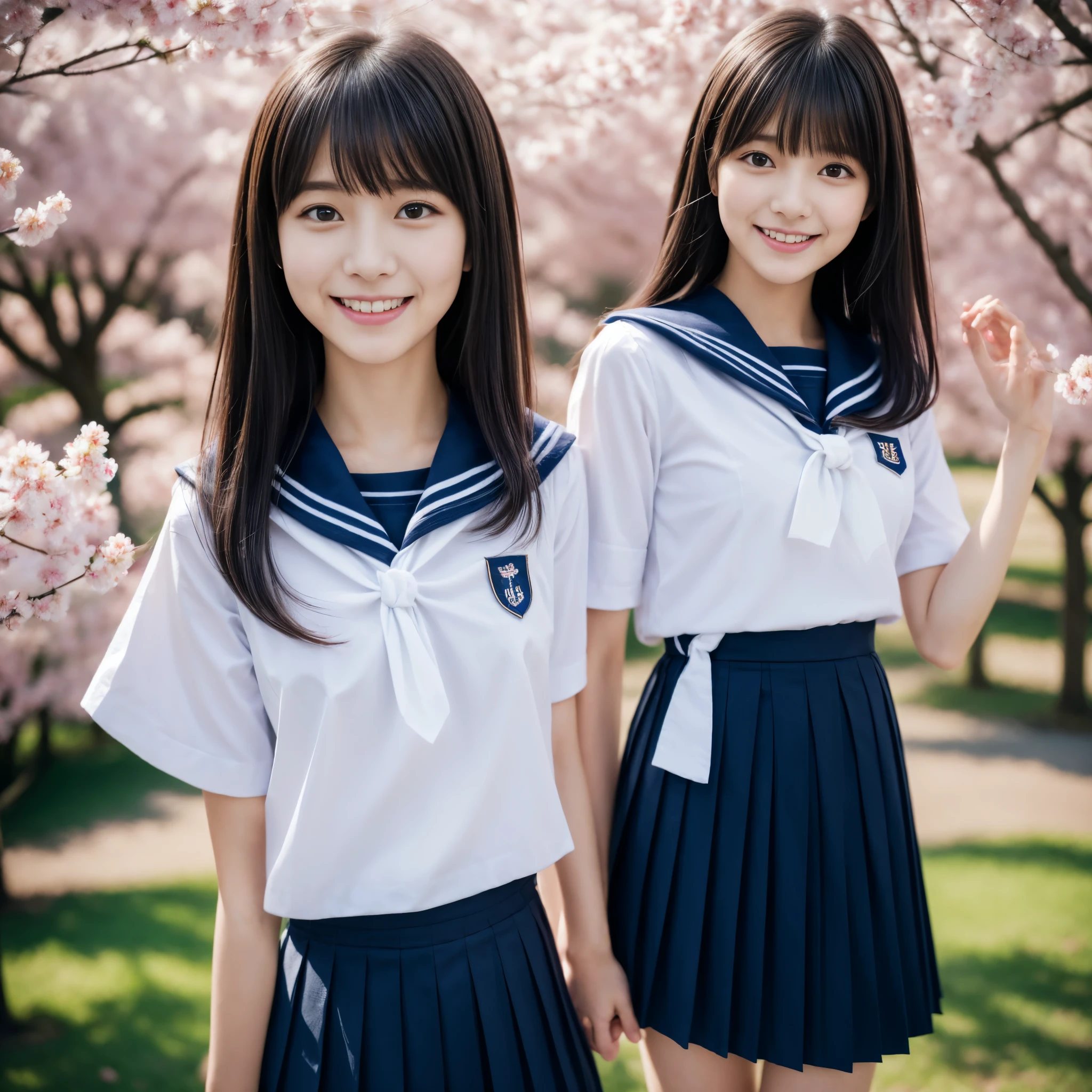 Close up of woman posing for photo, The most beautiful Japanese model, 18-year-old female model, 4K、bangs、A dark-haired, long bob hair, Middle hair, Straight hair、(white shirt, Sailor School Uniform, Dark blue pleated skirt:1.2), (Super cute face in idol style:1.4), upper body, slim and beautiful figure, sexy, beautiful breast, A smile, The background is a row of cherry blossom trees, (RAW photo, best quality, masterpiece, ultra detailed, ultra high res, realistic),