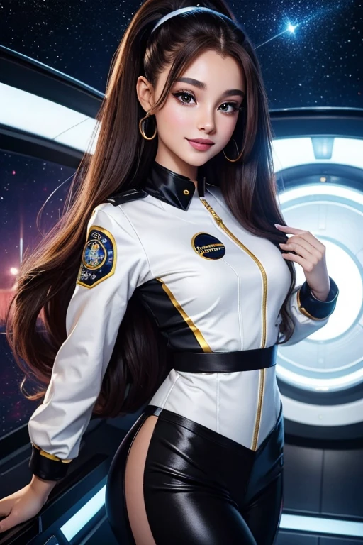 20 year old sexy space baby, beautiful with long luscious brown hair, eyeliner, lipstick, eye shadow, Frivolous smile, a cute sparkle in her eyes, like々new enthusiasm, Corporate bridge, wearing TNG uniform, sophisticated facial details, Walk through the corridor of the spaceship、Ariana Grande