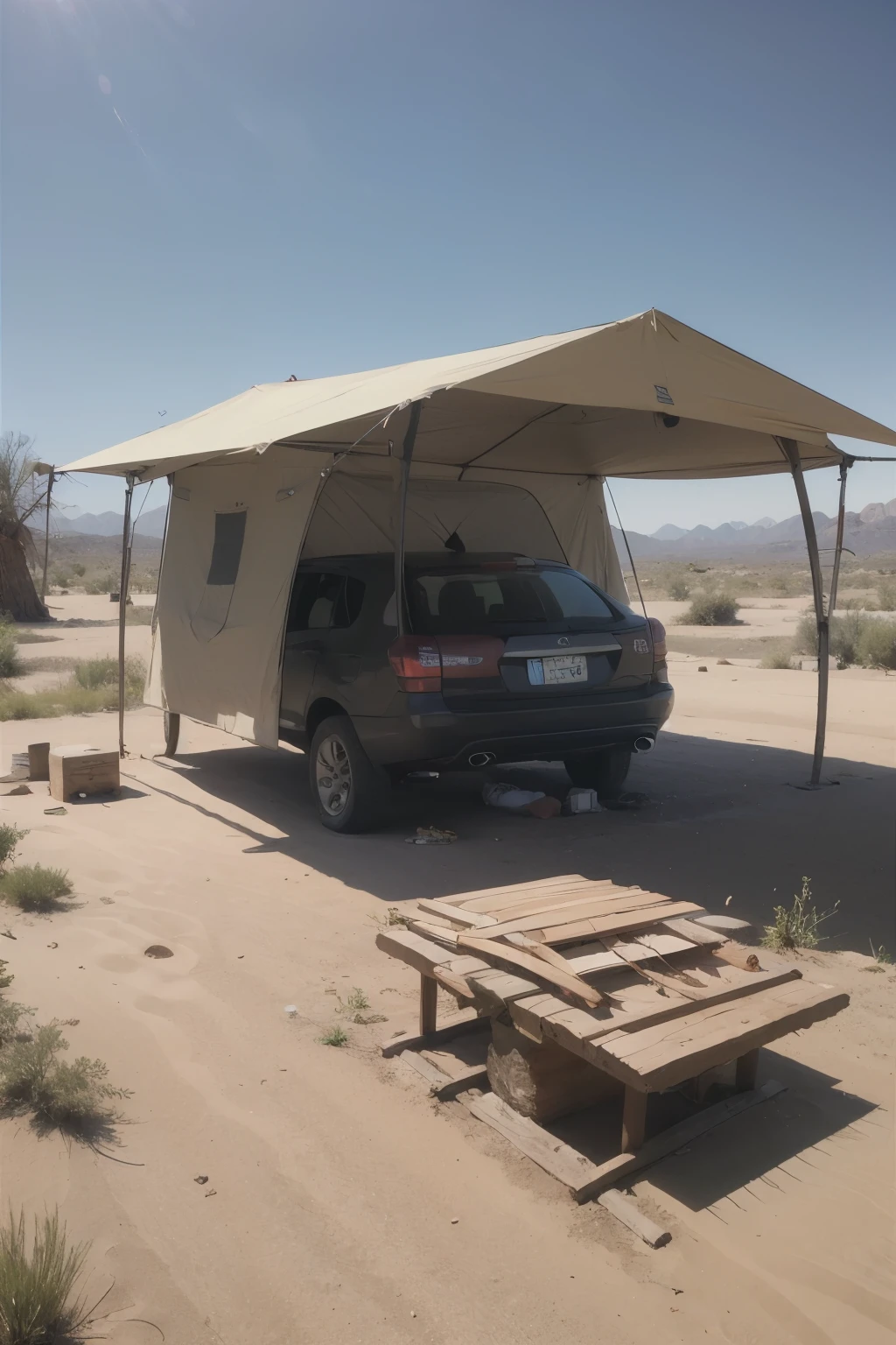 Car in the desert, camping, firewood