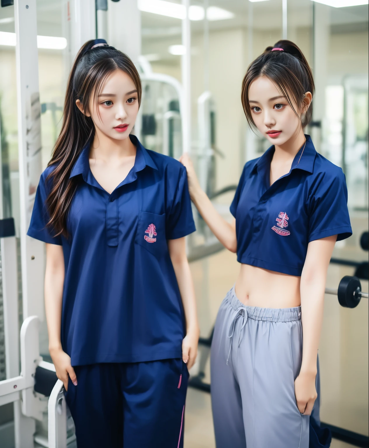 2 girls in fitness center, Navy blue short-sleeved shirt,Navy Long Trackpant,Sweatpants, Sweatpantsขายาว,25 year old girl, lesbian, sexy, exercise clothes, wet body, exercise clothes