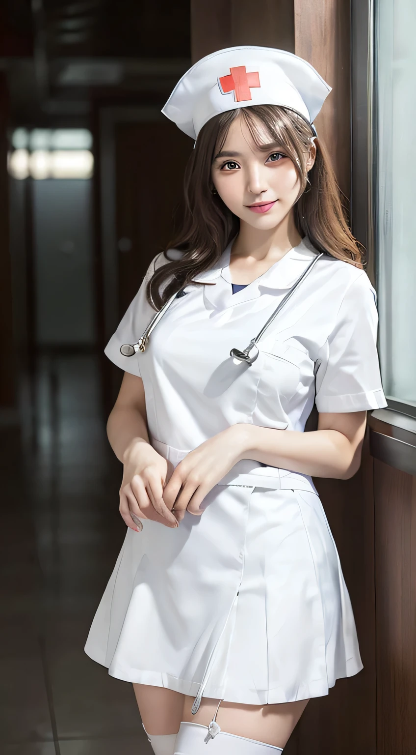 Innocent 18 year old girl,Colossal tits:1.2,cleavage of the breast:1.2、(pantyshot:1.3) (White nurse uniform:1.5),( White short skirt:1.5),(White nurse cap:1.5),(White Nurse Pump:1.5), (Stand leaning forward:1.3),(Hands down:1.5)、The background is a hospital room、Smile,short-cut、Raw photo, (8K、top-quality、masterpiece:1.2)、(intricate detailes:1.4)、(Photorealsitic:1.4)、octane renderings、Complex 3D rendering ultra detail, Studio Soft Light, Rim Lights, vibrant detail, super detailing, realistic skin textures, Detail Face, Beautiful detail eyes, Very detailed CG Unity 16k wallpaper, make - up, (detailedbackground:1.2), shinny skin, Full body