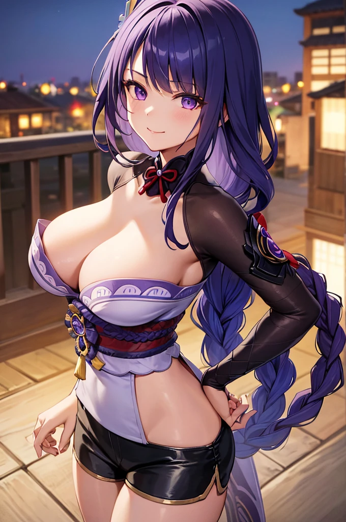 Raiden Shogun, cleavage, 1girl, solo, long hair, looking at viewer, smile, breasts, city background, bare shoulders, closed mouth, portrait, shorts, skin tight outfit, seductive, realistic, best quality, masterpiece, ultra detail, ultra high res, extreme detail, 8k