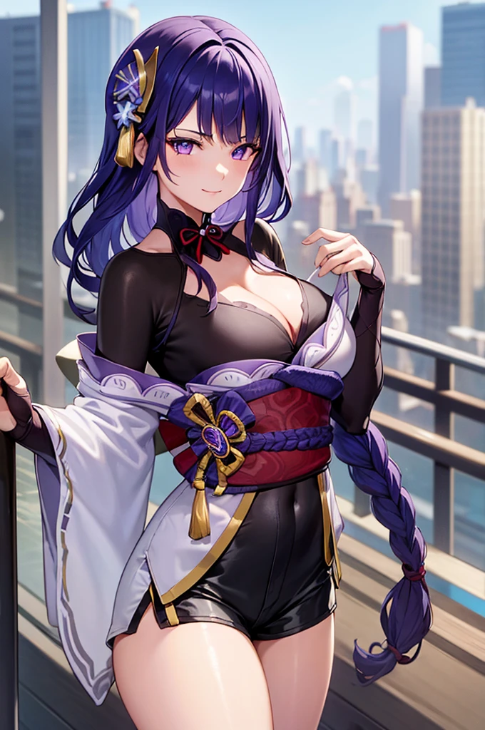 Raiden Shogun, cleavage, 1girl, solo, long hair, looking at viewer, smile, breasts, city background, bare shoulders, closed mouth, portrait, shorts, skin tight outfit, seductive, realistic, best quality, masterpiece, ultra detail, ultra high res, extreme detail, 8k