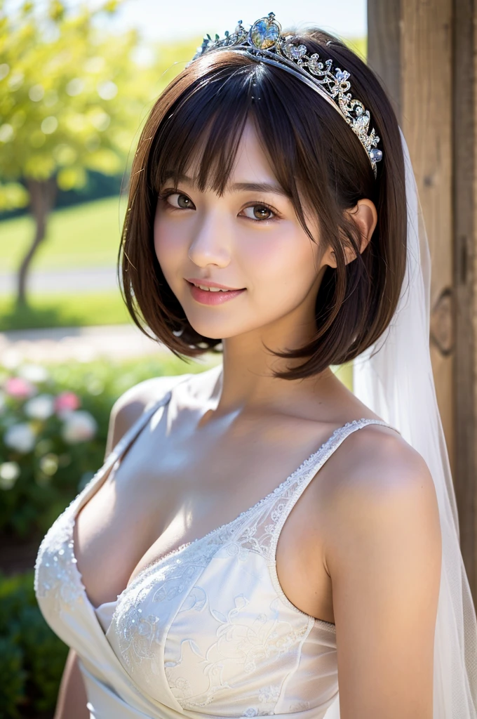 8K, RAW photo, highest quality, masterpiece: 1.2), Super detailed, ultra high resolution, (realistic, realistic photos: 1.37), portrait, High-definition RAW color photos, professional photos, Particle Texture Photography, very delicate and beautiful, very detailed, 8K wallpapers, Amazingly detailed details, huge file size, official art, Highly detailed CG Unity 8K wallpaper, very detailed beautiful girl, very detailed face, very fine eyes, very detailed skin, very detailed fingers, very detailed nose, very detailed mouth, perfect anatomy, very detailed background, very detailed clothes, 1 girl, (20-year-old: 1.2), 20th generation, cute girl, realistic body,, short hair, (bangs: 1.2), smile, cute, youth, cute face, realistic face, delicate eyes, 垂れ目highest quality, masterpiece, 8K quality, high detail, photographic style, detailed background, 28 year old beautiful Japanese woman、bridal tiara, bridal veil, bridal gauntlet, Upper body, Beautiful Wedding Venue,With a well-shaped bust, Clear waist, and beautiful light brown hair, Captivate everyone around. Please generate a detailed description of this scene.,fair and beautiful skin、Gentle atmosphere、bangs、Medium bob hair、cute face、Portrait、cute girl、Popular models in Japan、smiling kindly、Warm light、Beautiful cleavage、