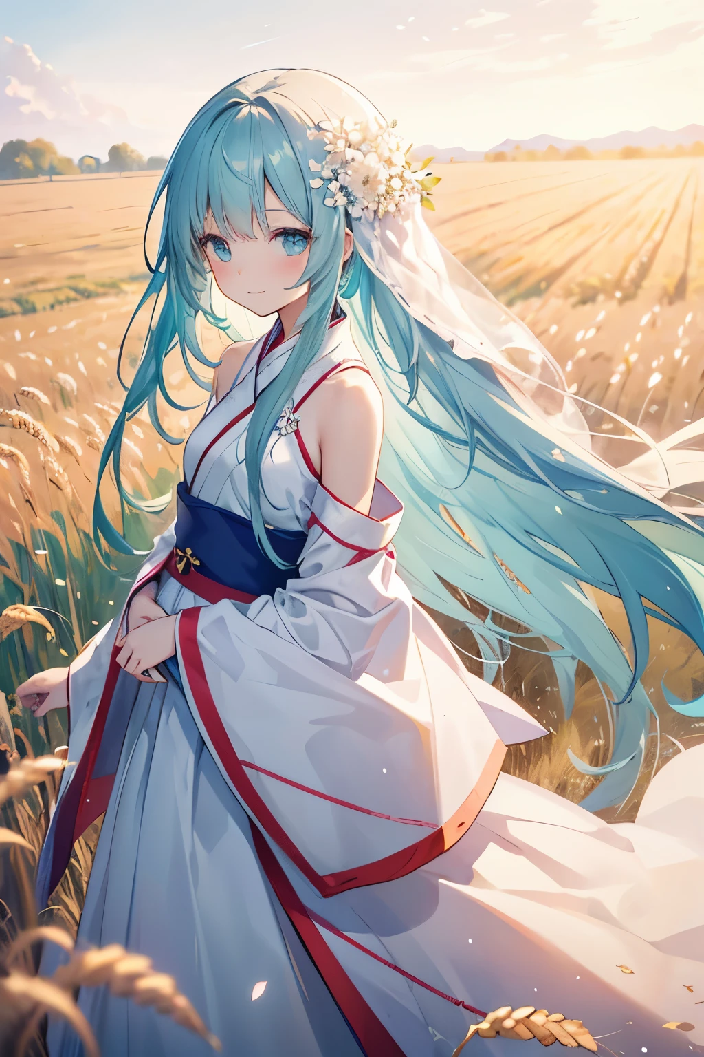 masterpiece, highest quality, ultra high resolution, be familiar with illustration, portrait, be familiar with, One Girl Standing In A Wheat Field, alone, long hair, dress, flower, white hanfu, smile, whole body, white flower, bare shoulders, very long hair, aqua hair, closed mouth, Face-to-face audience, bangs,