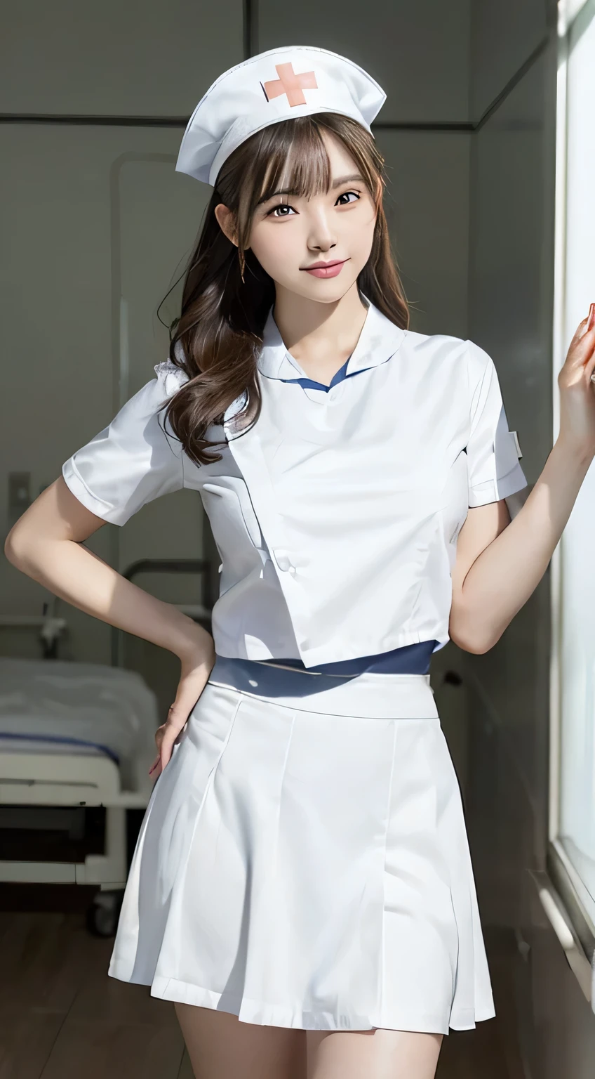 Innocent 18 year old girl,Colossal tits:1.2,cleavage of the breast:1.2、(pantyshot:1.3) (White nurse uniform:1.5),( White short skirt:1.5),(White nurse cap:1.5),(White Nurse Pump:1.5), (Stand leaning forward:1.3),(Hands down:1.5)、The background is a hospital room、Smile,short-cut、Raw photo, (8K、top-quality、masterpiece:1.2)、(intricate detailes:1.4)、(Photorealsitic:1.4)、octane renderings、Complex 3D rendering ultra detail, Studio Soft Light, Rim Lights, vibrant detail, super detailing, realistic skin textures, Detail Face, Beautiful detail eyes, Very detailed CG Unity 16k wallpaper, make - up, (detailedbackground:1.2), shinny skin, Full body