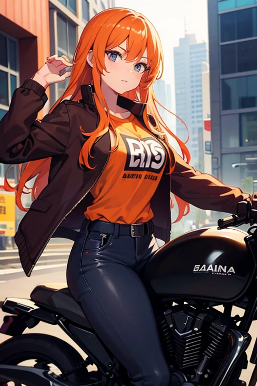 A beautiful orange-haired girl with part of her hair dyed purple who is dressed in tight black pants., una playera negra, un par de botas negras, a deep red jacket with a sword on his back and riding a modern motorcycle.