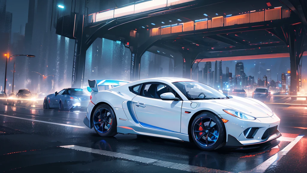 (white sports car, blue headlights, high speed), (highway, colorful neon), (8k, extremaly detailed, lighting like a movie, lense flares)